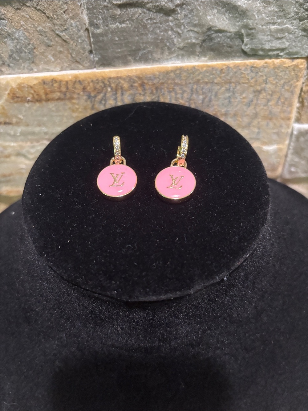 Pink Enamel LV Disc Drop Earrings with Gold Pavé Hoops
